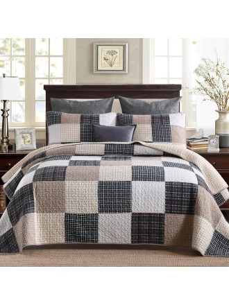 100% Cotton King Size Quilt Set - Lightweight Bedding Set, Real-patchwork Plaid Pattern Printed Farmhouse Bedspreads, Soft Reversible Coverlet Comforter for All Season, 3 Pieces