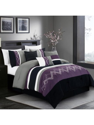 Collection Arden 7-Piece Modern Pleated Stripe Embroidered Zigzag Bedding Comforter Set (King, Purple/Black/Gray/White)