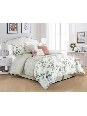 7-Piece Floral Botanical Comforter Set Queen - Floral Embroidery Multicolor Taupe-Green Gray White Botanical Leaves Printed Microfiber Lightweight Bedding Set